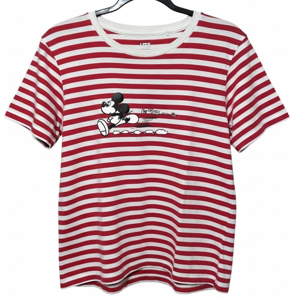 Uniqlo UT Disney Mickey Mouse Striped Graphic Tee Red White Cotton M